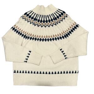Artelier Nicole Miller Fair Isle Mock Neck Sweater Cream Black Nordic Large Soft
